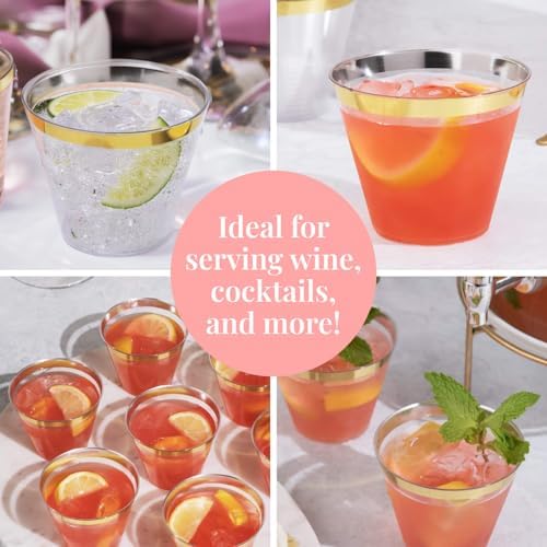 Prestee 100-Pack 9oz Gold Rimmed Plastic Cups
