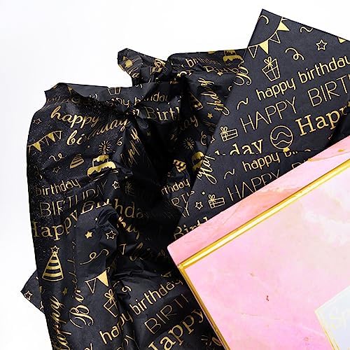 MR FIVE 100 Sheets Birthday Tissue Paper - 20x14 Black Gold Design