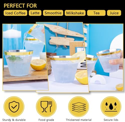 Hioasis 200Pcs 9OZ Clear Cups with Gold Trim