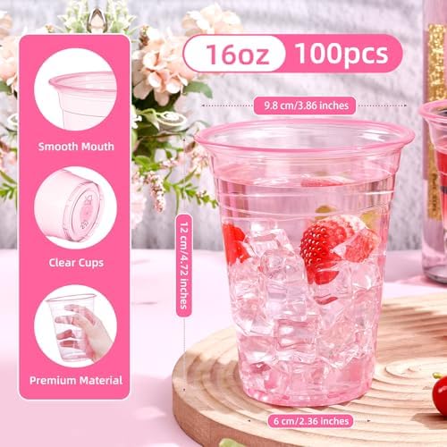 KesaPlan 100 Pack Pink Plastic Party Cups 16 oz
