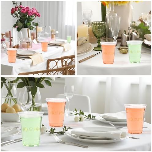 100Pcs Mr and Mrs Disposable Plastic Cups Wedding Reception 12oz Clear Drinkware