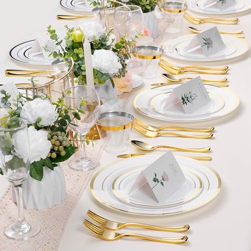 100PCS White Plastic Plates with Gold Rim 1025 Inch