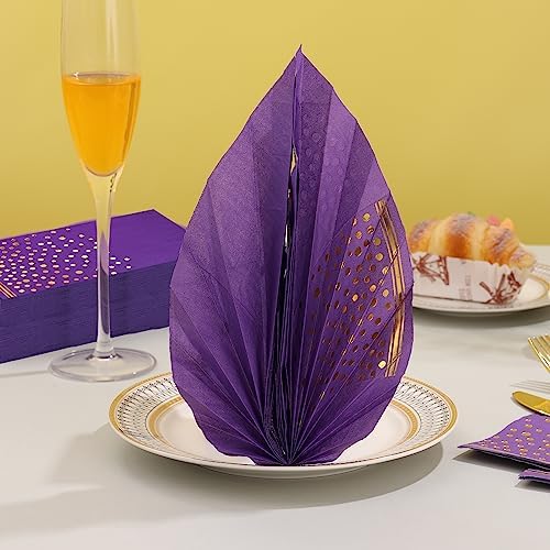 100 Pcs Purple Gold Dot Disposable Napkins for Parties