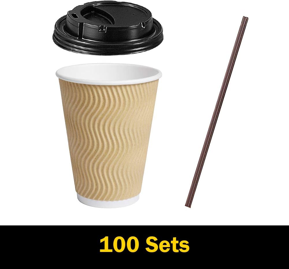 Disposable Paper Coffee Cups with Lids 100 Pack 12 Oz