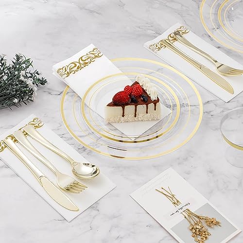 700PCS Clear Gold Disposable Dinnerware Set for 100 Guests