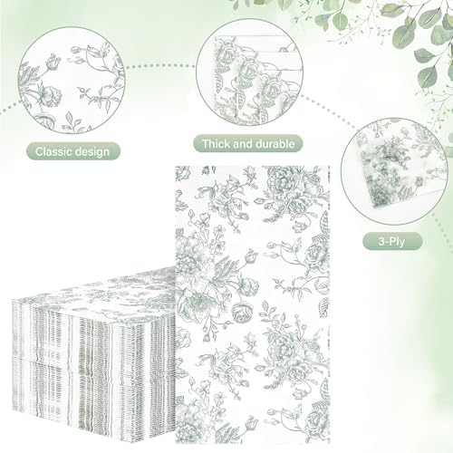 100 Floral Guest Napkins Sage Green and White Toile