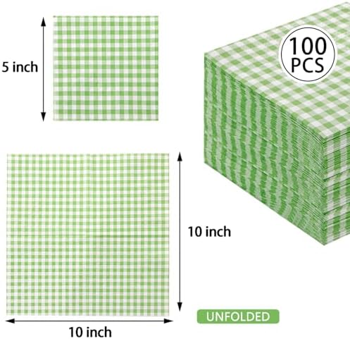 FLOWERCAT 100 Count 2 Ply Green Checkered Napkins 5x5 Inches