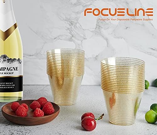 FOCUSLINE 9 oz Gold Glitter Plastic Cups 100 Count