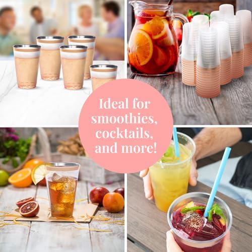 50 Pack Disposable Plastic Cups with Rose Gold Rim
