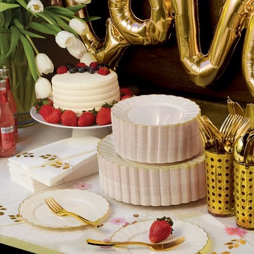 By Madee 60 Pc Ivory Scalloped Plates with Gold Trim