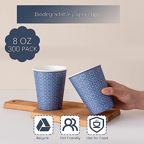 300 Pack Paper Cups 8 Oz Leak Proof Navy Floral Design