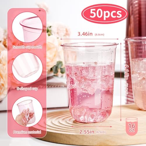 KesaPlan 50 Pcs Pink Plastic Cups 16oz