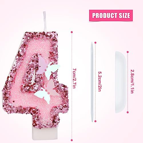SAVITA 27 Inch Pink Number Candles with Butterfly Sequins - Number 4