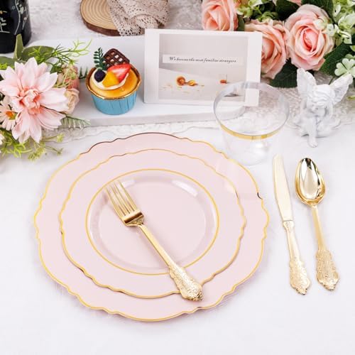 Liacere 350PCS Pink Plates with Gold Border for 50 Guests