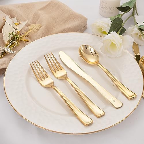 WDF 500PCS Gold Plastic Cutlery Set - Forks Spoons Knives for Events