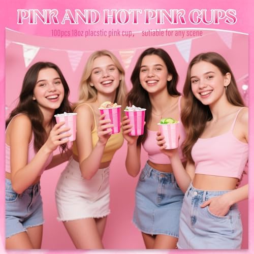 KesaPlan 100PCS 18 oz Plastic Cups Pink Party Disposable