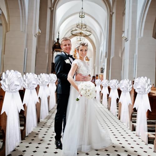 Dingion 30pcs White Wedding Pew Bows with Tulle