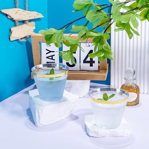 Hioasis 200Pcs 9OZ Clear Cups with Gold Trim