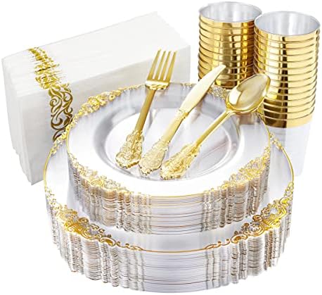 Nervure 175PCS Clear Gold Plastic Plates Set for 25 Guests