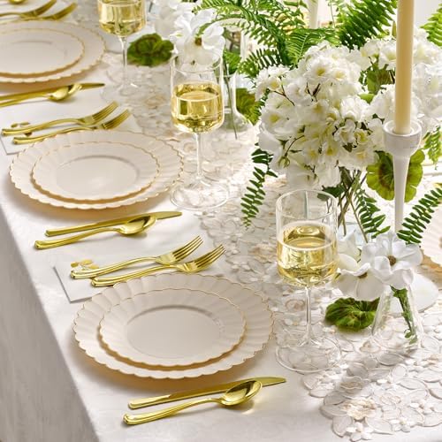 By Madee 60 Pc Ivory Scalloped Plates with Gold Trim
