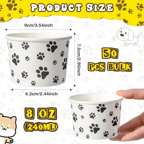 Patelai 50 Count 8 oz Paw Print Ice Cream Cups Disposable Dog Bowls