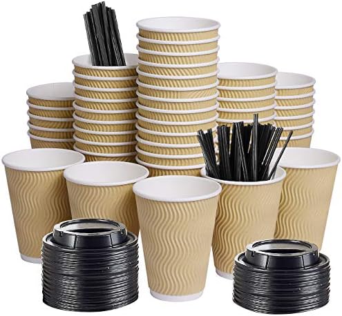 Disposable Paper Coffee Cups with Lids 100 Pack 12 Oz
