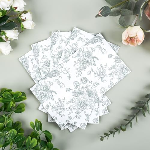 100 Floral Guest Napkins Sage Green and White Toile