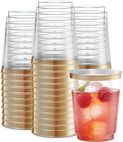 PLASTICPRO Disposable Plastic Tumblers 50 Pack Gold Rim