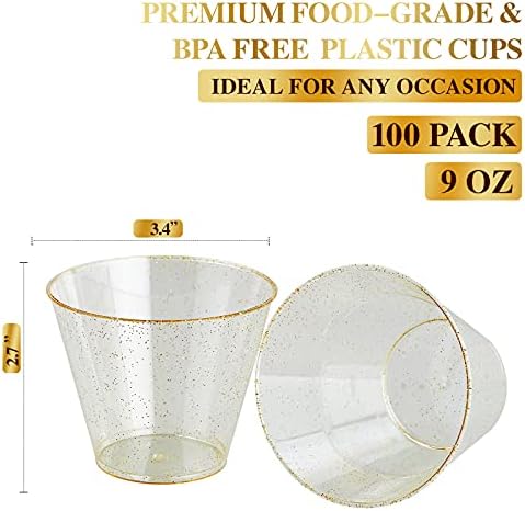 FOCUSLINE 9 oz Gold Glitter Plastic Cups 100 Count