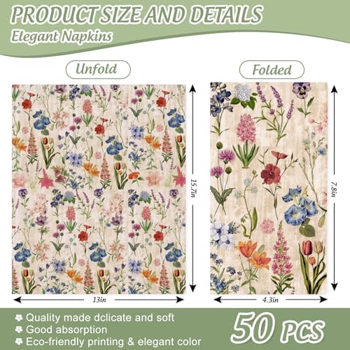 50 Pcs Retro Floral Guest Napkins for Spring Wedding Party