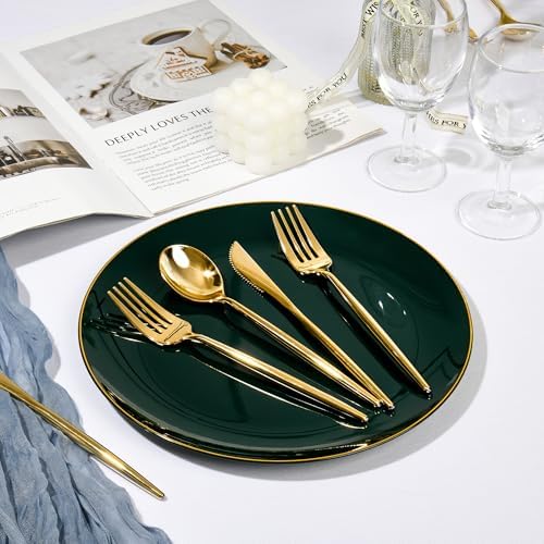 I00000 150Pcs Green Plastic Plates with Gold Rim Set