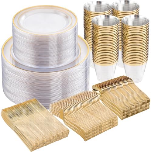 WELLIFE 600 Piece Gold Trim Plastic Dinnerware Set for Party
