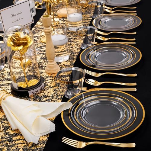 WELLIFE 600 Piece Gold Trim Plastic Dinnerware Set for Party