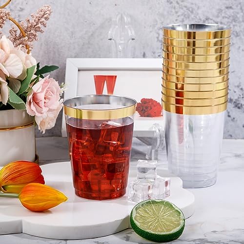 DaYammi 200 Pack 10 Oz Gold Rimmed Plastic Cups for Parties