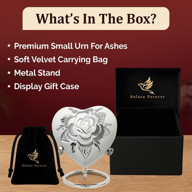 Mini Urns for Human Ashes - Heart-Shaped Keepsake Urn with Rose Engraving