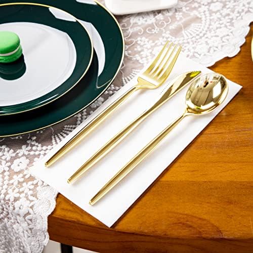 I00000 150Pcs Green Plastic Plates with Gold Rim Set