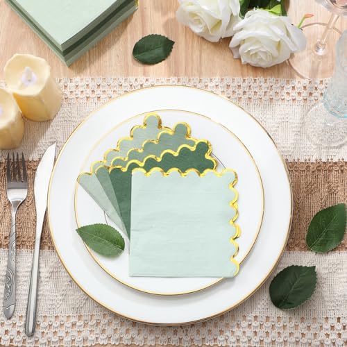 100 Pack Scalloped Gold Foil Cocktail Napkins Green