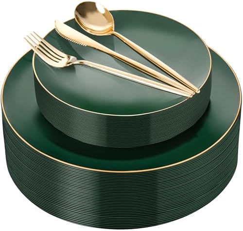 I00000 150Pcs Green Plastic Plates with Gold Rim Set