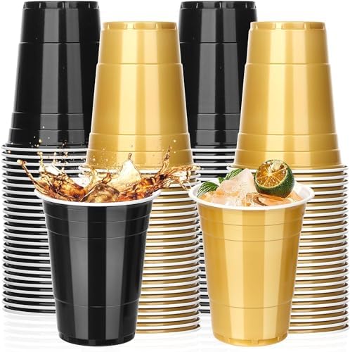 KesaPlan 100PCS 16 oz Plastic Party Cups Black Gold