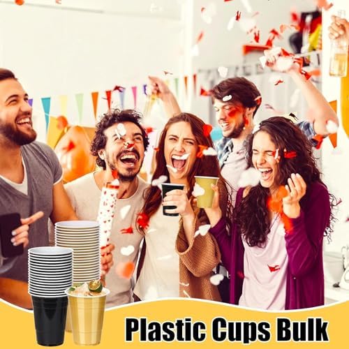 KesaPlan 100PCS 16 oz Plastic Party Cups Black Gold