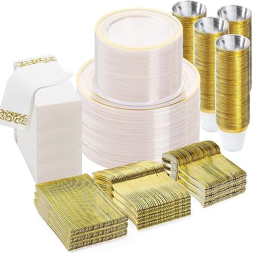 700PCS Clear Gold Disposable Dinnerware Set for 100 Guests