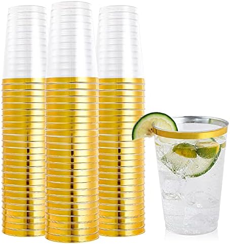 FOCUSLINE 100 Pack 12 Oz Gold Rimmed Plastic Cups for Wedding