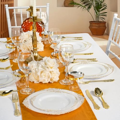 350PCS Gold Plastic Plates for 50 Guests Wedding Party Set