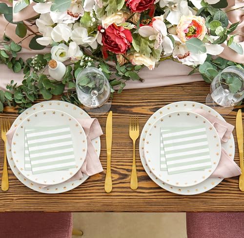 100 Pcs Sage Green White Stripe Cocktail Napkins for Party Supplies