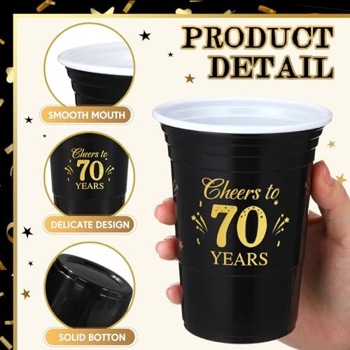 50 Pack 16 oz Gold and Black 70th Birthday Cups