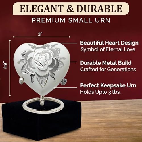 Mini Urns for Human Ashes - Heart-Shaped Keepsake Urn with Rose Engraving