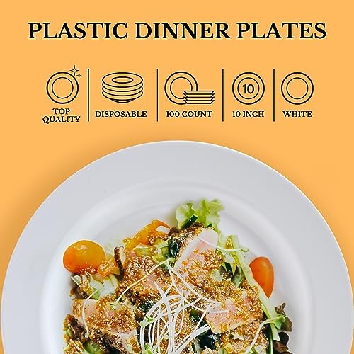 FOCUSLINE 100 Count Heavy Duty White Plastic Plates 10 Inch