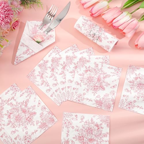 100 Pcs Pink Floral Napkins with White Toile Design