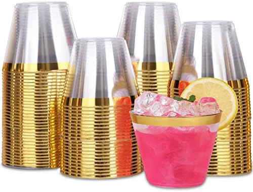 Tobvory 100 Pack Gold Rimmed Plastic Cups 9 oz