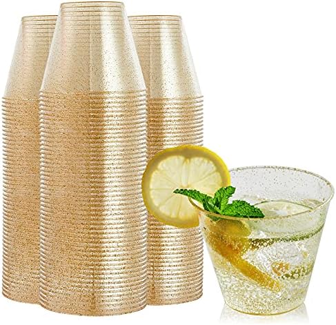 FOCUSLINE 9 oz Gold Glitter Plastic Cups 100 Count